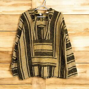 Authentic Mexican Baja Hoodie Drug Rug M Yellow Black Sweatshirt Poncho Pullover